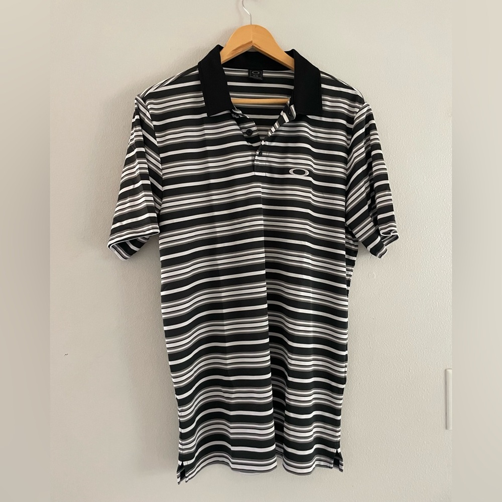 Mens Oakley Black & White Striped Polo Shirt